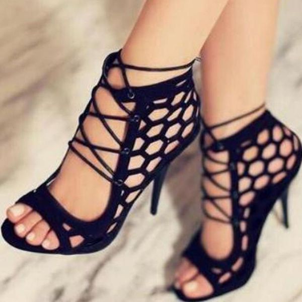

sandals 2021 design women shoes party ins thin heels lace-up black plus size 34-43