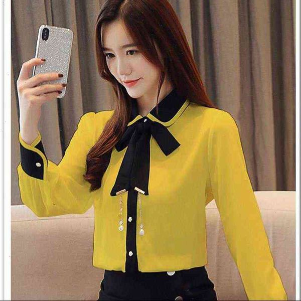 

women spring womens shirts autumn style blouses lady casual long sleeve turn down collar bow tie decor df3112, White