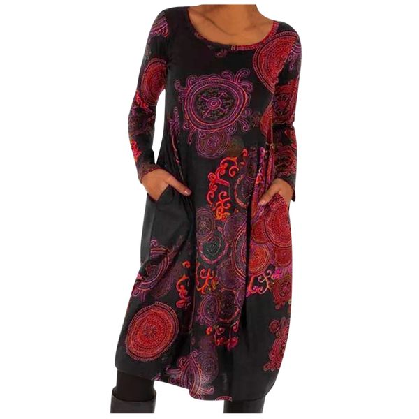 

women landscape printed long sleeve patchwork dress female plus size african office ladies vintage midi dress retro 2021, Black;gray