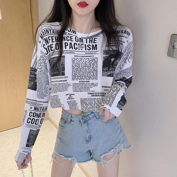 

women's t-shirt short net red korean spaper printing long-sleeved autumn bottoming shirt tide, White