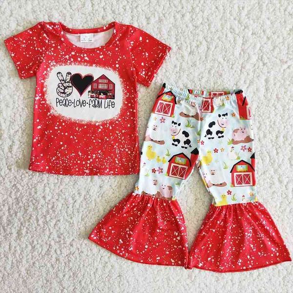 

rts wholesale baby girls clothing farm print toddler girls clothes set boutique bell bottom pants outfits summer clothes, White