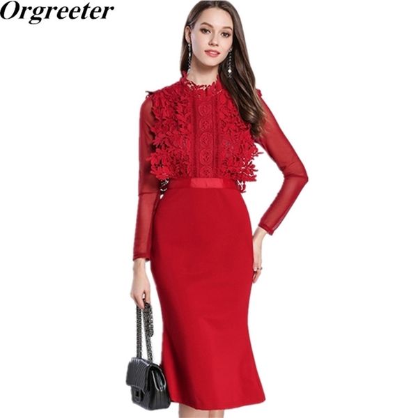 

red self portrait design dress autumn women's mesh long-sleeved water-soluble lace embroidery patchwork fishtail lace 210602, Black;gray
