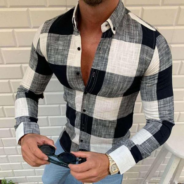 

men's casual shirts -3xl mens plaid cotton linen shirt long sleeve buttons slim fit autumn winter male lapel blouse, White;black