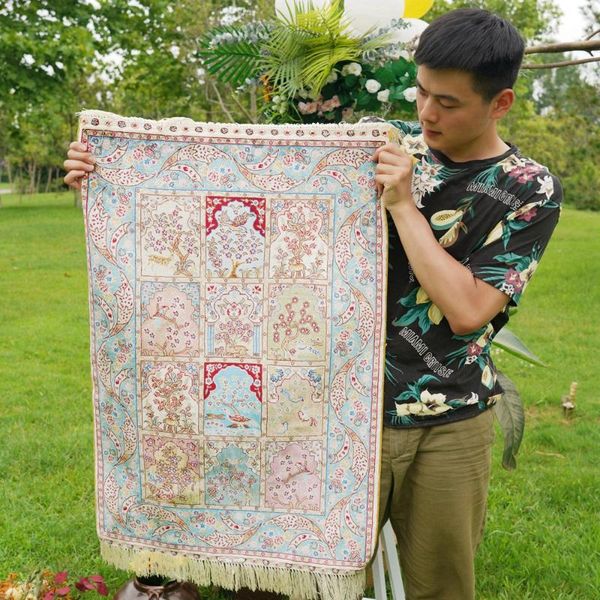 

2'x3' garden scenes handmade persian silk carpet hand knotted silk rug (ywx100a)