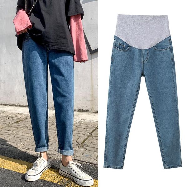 

spring autumn denim maternity straight jeans elastic waist belly harem pants clothes for pregnant women pregnancy trousers, White
