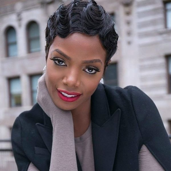 

hair bob head real water ripple fashion short curl mechanism headgear female, Black