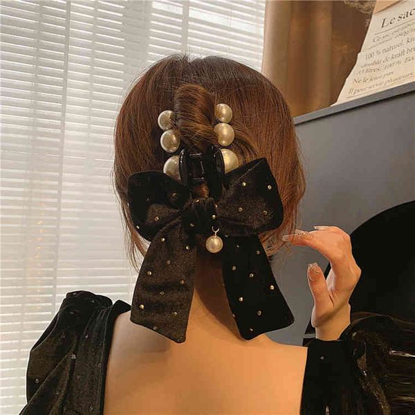 

hair accessories jewelry french velvet pearl bow catch clip female autumn and winter elegant temperament shark large, Golden;white