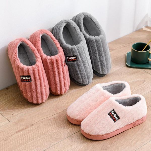 

slippers 2021 women winter cover heel cotton couple furry stripe platform shoes fashion soft warm slip on flat plush slides, Black