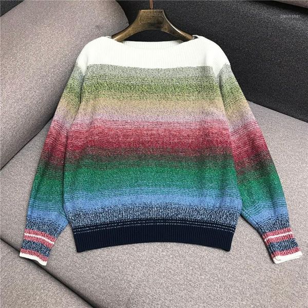 

women's sweaters one-shoulder gradient sweater female 2021 autumn and winter loose pullover striped knit1, White;black