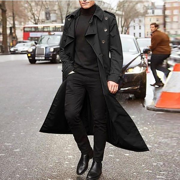 

long trench mjartoria style coat men loose men winter jacket solid 2021 classic british overcoat casual trench streetwear coat doojq, Black