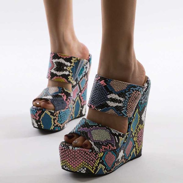 

sandals 2021 snake print women fashion ladies waterproof high platform wedge heel slip on, Black