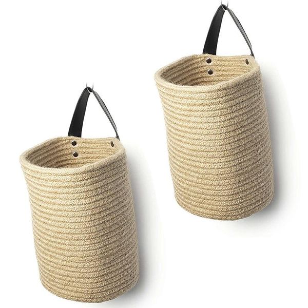 

jute hanging storage basket - jute rope woven storage bins hanging wall basket with handles decorative baskets