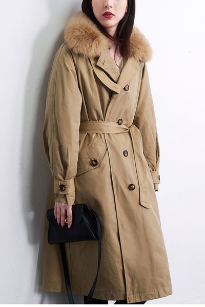 

2021 new khaki straight thicken trench wome fur collar medium length coat over the knee belt long down jacket q1zq, Black
