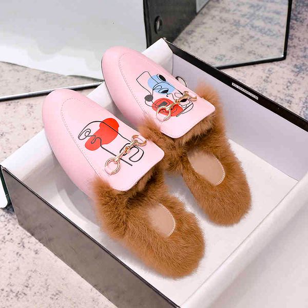 

dress shoes winter furry women outdoor flat shoes pattern rabbit fur leather fashion design girl mu 41-44 yards le delivery 9, Black