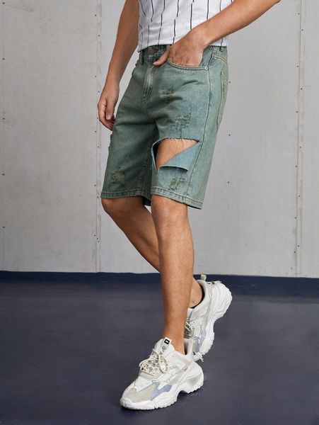 

men ripped solid denim shorts a42t#, Blue