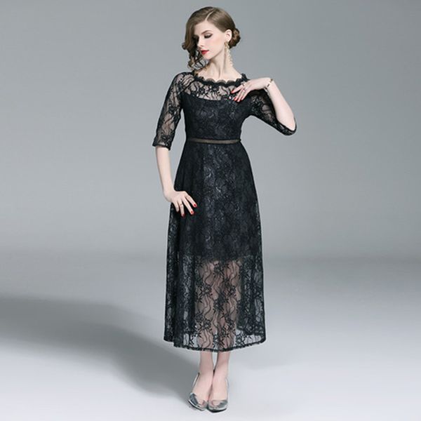 

2021 new pleated lace dress work casual slim fashion hollow out party long dresses women a-line vintage black vestidos a3mj, Black;gray