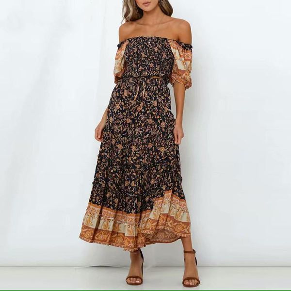 

two piece dress boho suits sets women floral print summer ladies short and long skirt 2 pieces female 2021 spring partywear, White