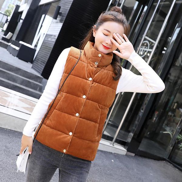 

2021 autumn winter new short korean gold velvet down cotton padded female student stand collar slim coat pink black vest coat
