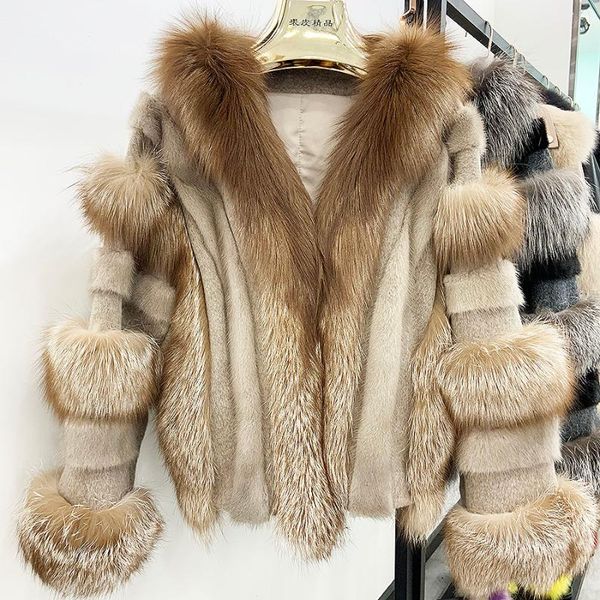 

women's fur & faux maylofuer style real mink jacket with fur,oversize long sleeves, Black
