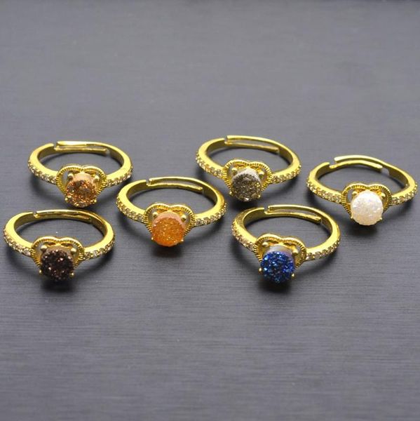

wedding rings 2021 natural crystal druzy finger ring heart charm exaggerated gold plating minerals geode gem stone round for women, Slivery;golden