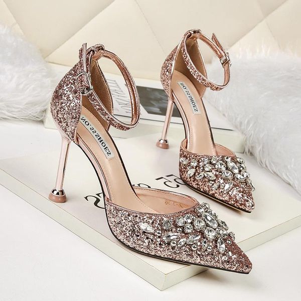 

dress shoes net red sandals fairy girl diamond thin heel 2021 super with skirt wear button high heels, Black