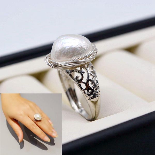

cluster rings mysterious baroque ring, 925 sterling silver, adjustable ladies white pearl, silver thread, handmade, pearl ring, Golden;silver