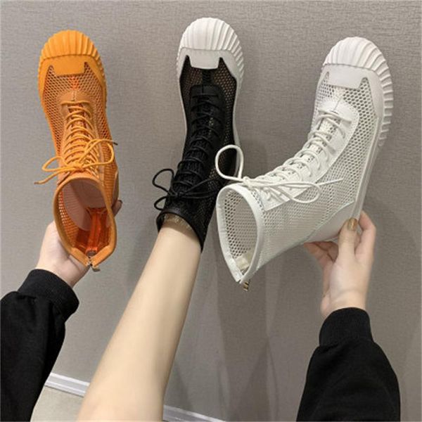 

sandals women's hollow 2021 summer net yarn breathable short boots high fashion hole roman shoes sapatos femininos, Black