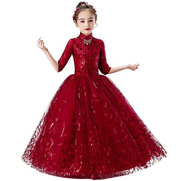 

Girls dress mid-length sleeve flower girl princess dress communion party fluffy dress children red applique long