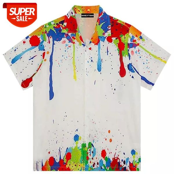 

korean shirts women blouses summer retro art casual paint graffiti loose wild couple short-sleeved plus size button up shirt #h73a, White