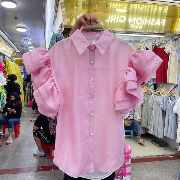 

women's blouses & shirts 2021 summer korean style retro lapels design sense niche loose single-breasted solid color shirt short sleeve, White