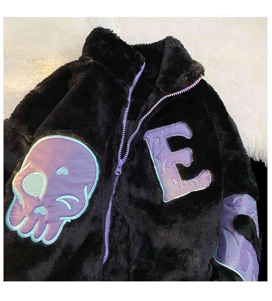 

women's jackets embroidered letter cotton coat women's zipper cardigan loose ins street hip-hop furry jacket woman winter 2hch, Black;brown
