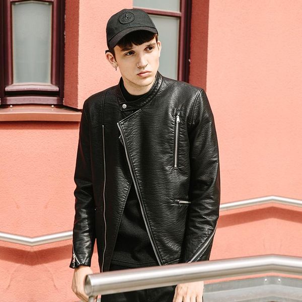 

men's fur & faux 2021 autumn leather clothing male pu short design slim jacket, Black