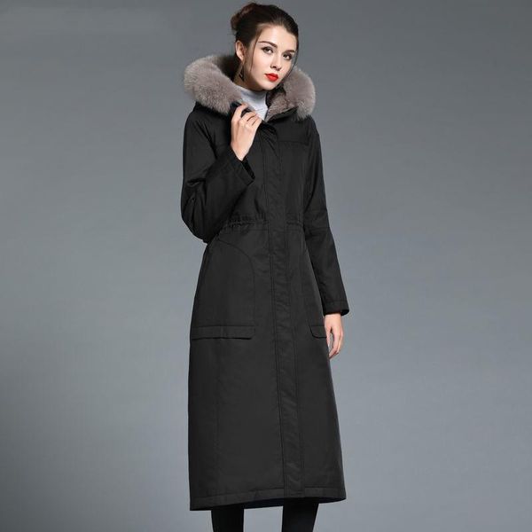 

women's fur & faux winter detachable knick suit imitation rex liner medium length over knee hair collar, Black