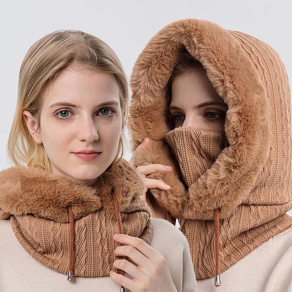 

beanies winter cap with mask set hooded for women warm knitted cashmere outdoor ski windproof hat thick plush fluffy breathable