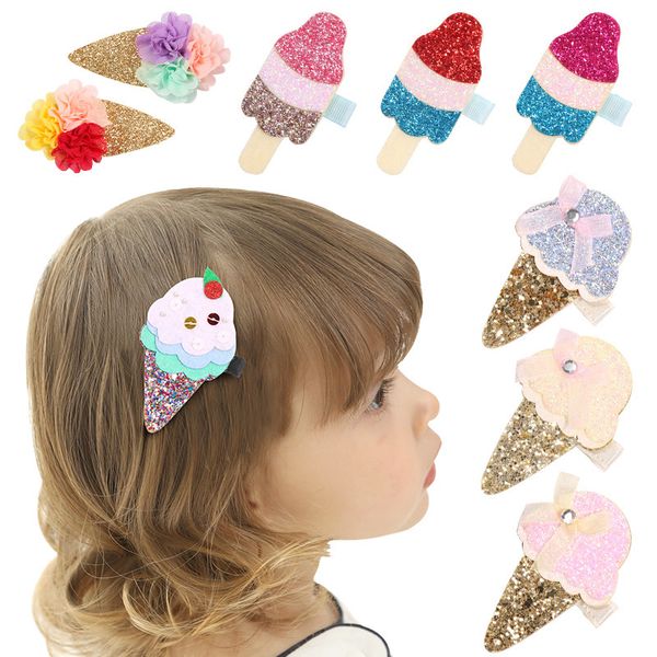 24 adet / grup Glitter Keçe Pembe IceCream Bebek Kız Saç Klip Mini Yay Ile Saç Barrette Sevimli Pullu Altın Ipek Firkete Yeni Varış 121 Y2