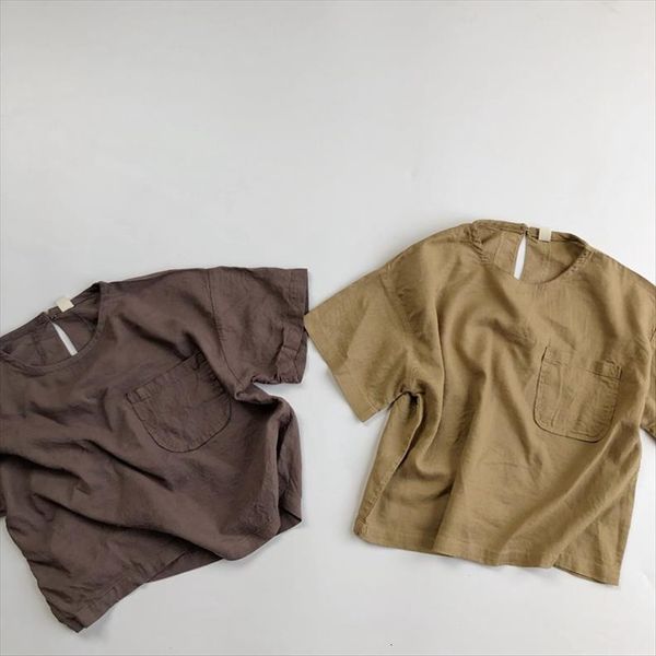 

childrens shirt summer korean linen cotton retro mori boys and girls round neck, Blue