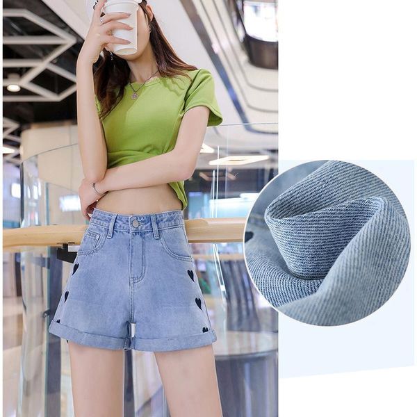 

women's shorts light wash heart embroidery button pockets fold edge denim women summer high waist ladies casual jeans 2021, White;black