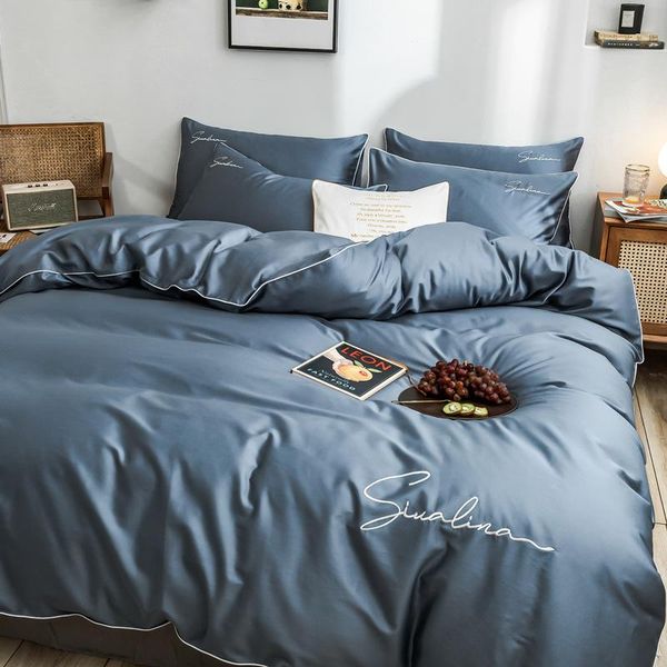 

bedding sets 4pcs simple cotton double household bed sheet quilt cover embroidered piping comfortable /king/twin size