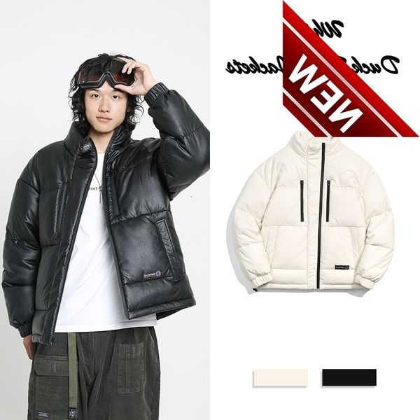 

winter men's pu leather puffer jackets loose stand collar japan white duck down coat men waterproof thick streetwear male jk-901, Black