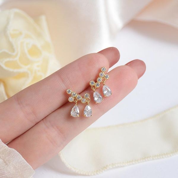 

stud 14k real gold water droplets micro-inlaid zircon sparkling tassels exquisite earrings for women cubic zc, Golden;silver