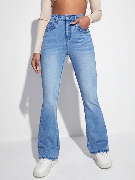 

high waist bleach wash flare leg jeans 23dz#, Blue