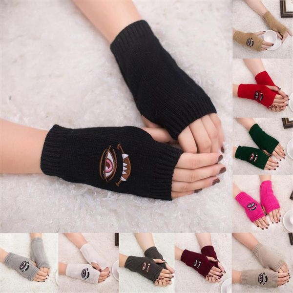 

five fingers gloves telotuny winter warm women knitted arm fingerless girl soft keep mittens print wrist, Blue;gray
