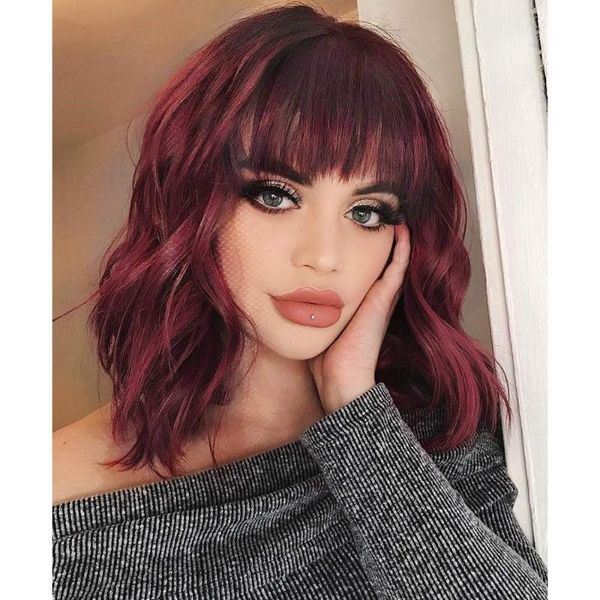 

synthetic wigs wine black cosplay wig short bob wave for white women party fake hair with bangs natural looking