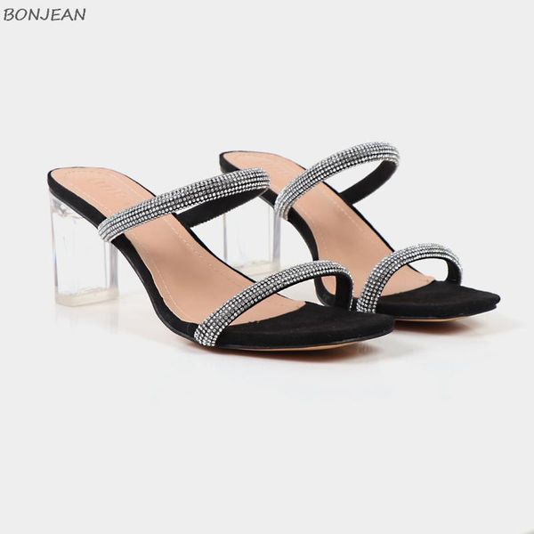 

summer new women sandals fashion crystal decoration transparent square heel ladies shoes party square toe women sandals, Black