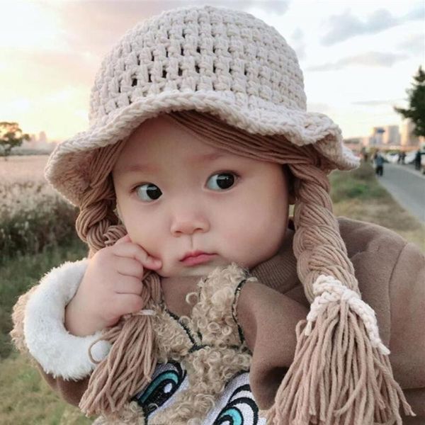 

caps & hats handmade knitted baby girls wig hat infants pography props headwear born wigs brades kids crochet cap with plaits1, Yellow