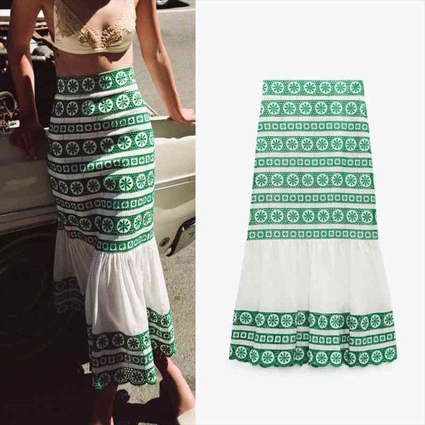 

za green embroidery midi womens skirts vintage high waist side zip summer skirt casual ruffled hem beach feminine long, Black