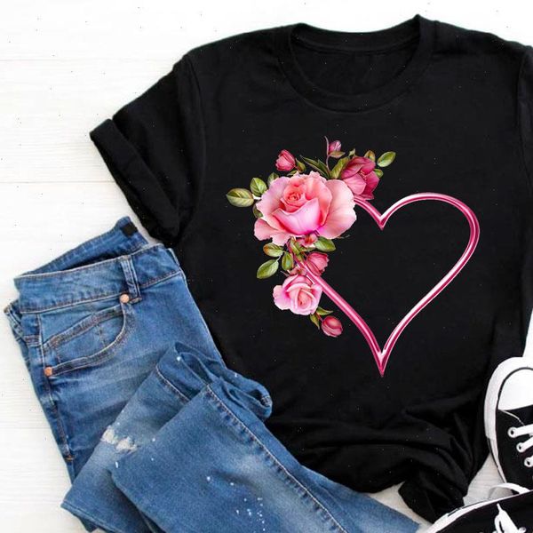 

heart flower tshirt print female t shirt harajuku t shirts women summer short sleeve casual clothing ullzang harajuku tee, White