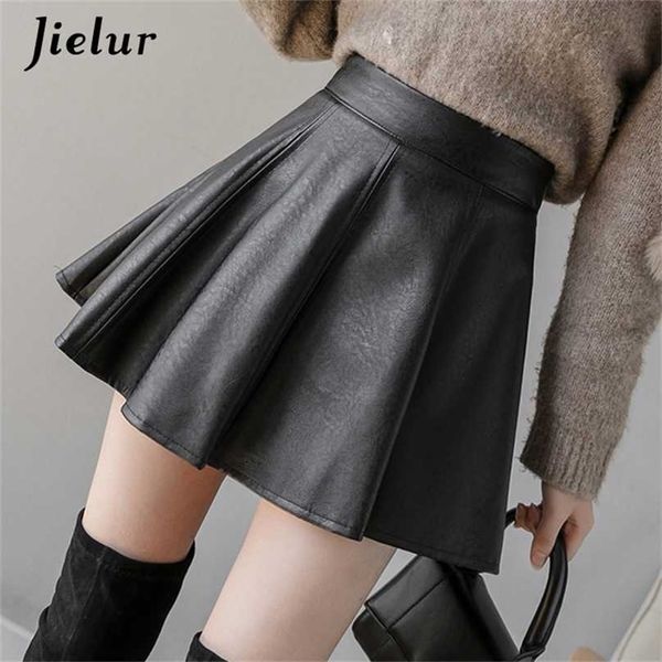 

jielur pu pleated skirt autumn women solid color leather winter s slim high waist saia faldas chic zipper mini 211119, Black