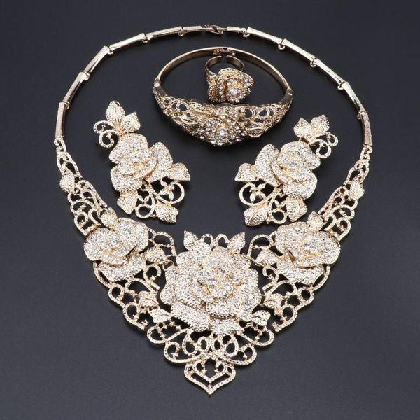 

earrings & necklace oeoeos dubai crystal gold color bracelet ring sets nigerian wedding african costume jewelry set, Silver