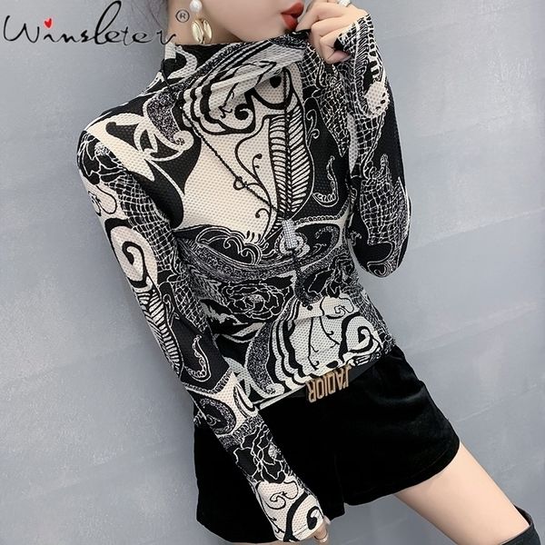 

fall winter european clothes t-shirt chic mesh print women turtleneck ropa mujer with necklace all match tees t09119l 210311, White